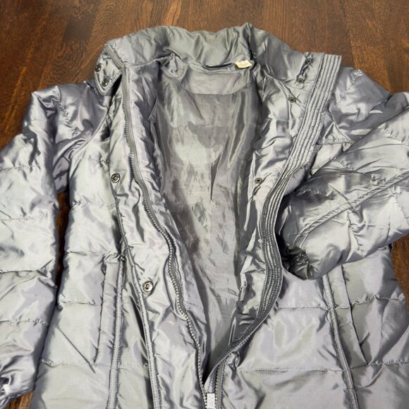 DKNY Women’s Down Puffer Jacket Small Gray Metallic Hooded Warm Winter Coat - Picture 2 of 8